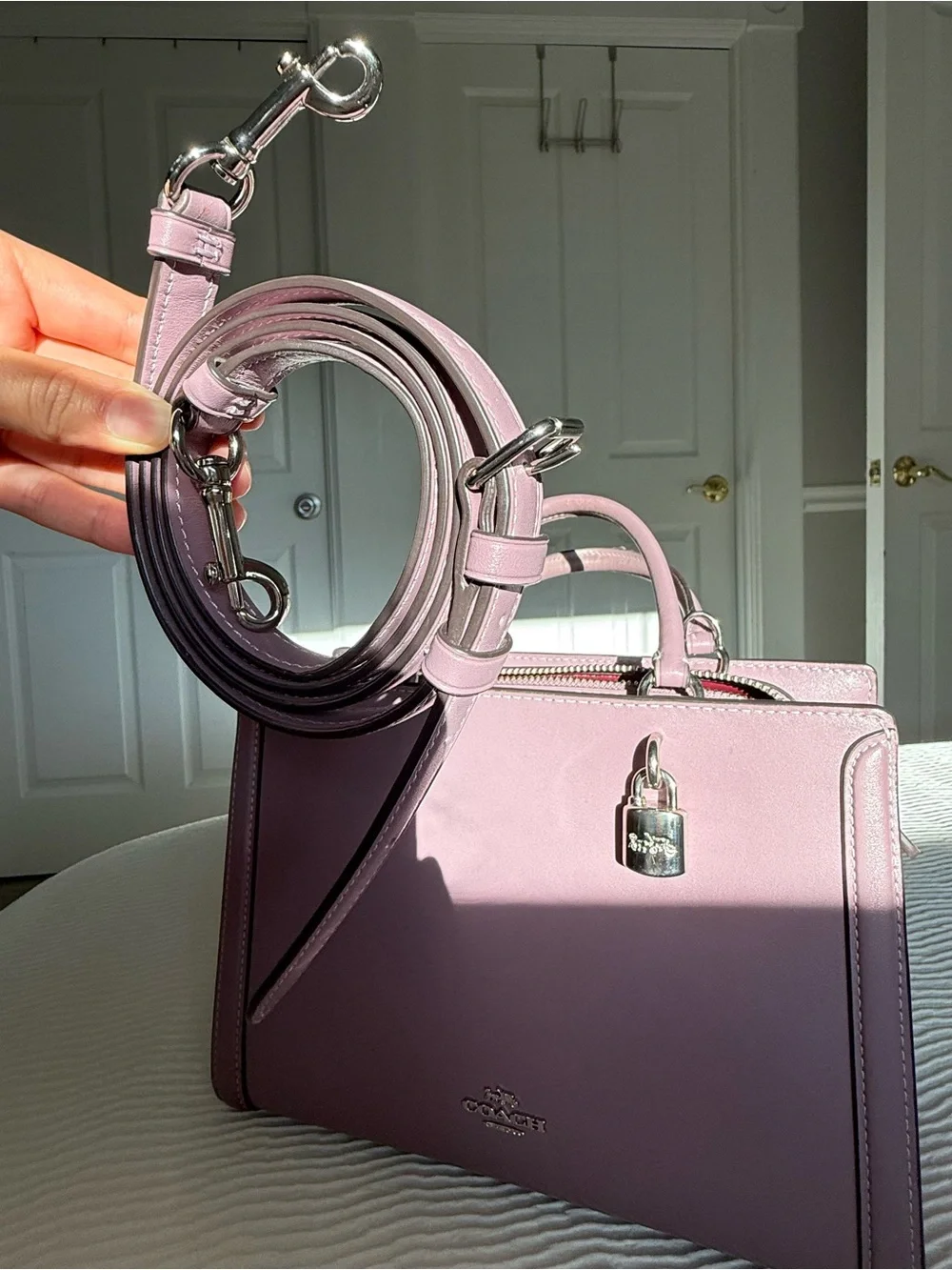 Coach Zoe Carryall Lilac Leather Satchel with Silver Padlock Charm
